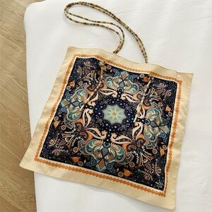 Boho Chic Double-Sided Silk Tote Scarf Bag with Mandala & Baroque Design
